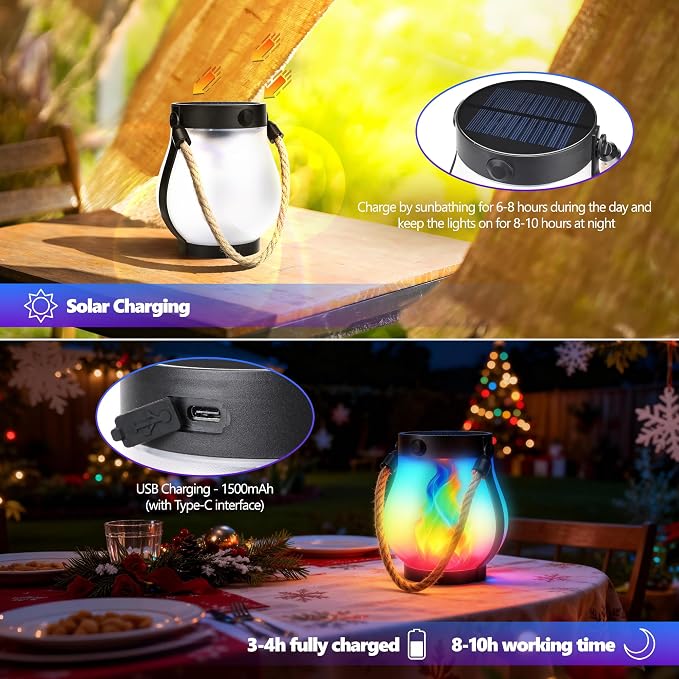 iBaycon 2 Pack Solar Lantern Lights USB Christmas Flame Lamp, Multicolor | Solar Garden Lights with Dual Charging USB & Solar, 2 Modes Outdoor Waterproof Hanging Lantern for Patio Home Xmas Decor