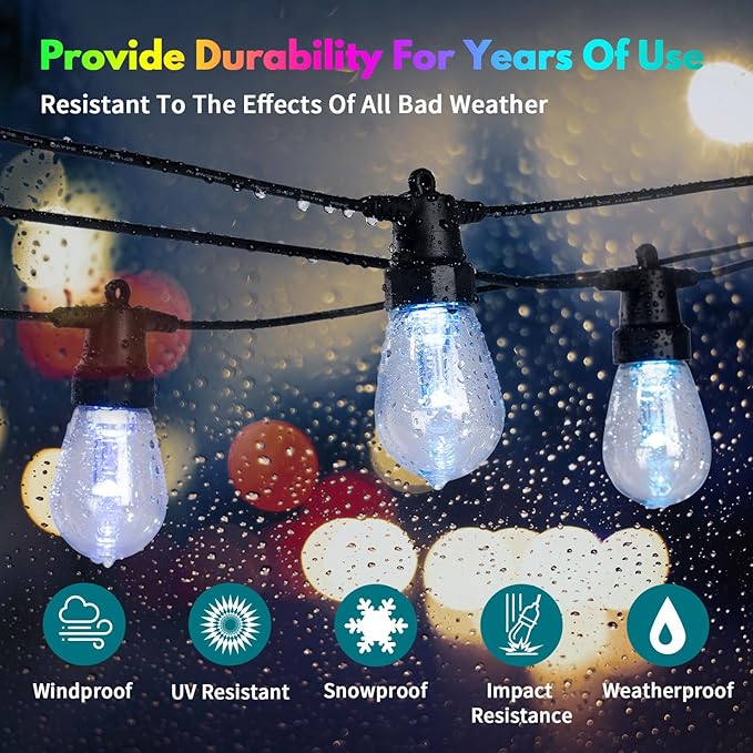 BBG Outdoor String Lights 50FT RGBW - 2700K Patio Lights Outdoor Waterproof, 24V Low Voltage, 20 Shatterproof Bulbs, Dimmable, APP & Remote Control, Linkable, Music Sync, Timer for Backyard