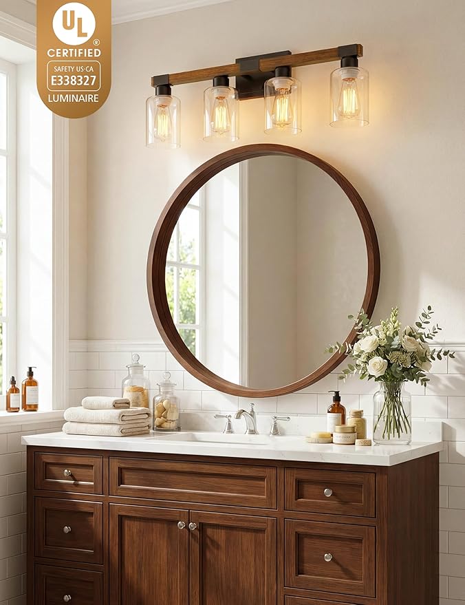 VOLISUN Farmhouse Bathroom Light Fixtures, 4 Light Bathroom Vanity Lights Over Mirror, Rustic Vanity Light for Bathrooms,Wood Bathrooms Lights Fixtures Over Mirror-UL Certificated