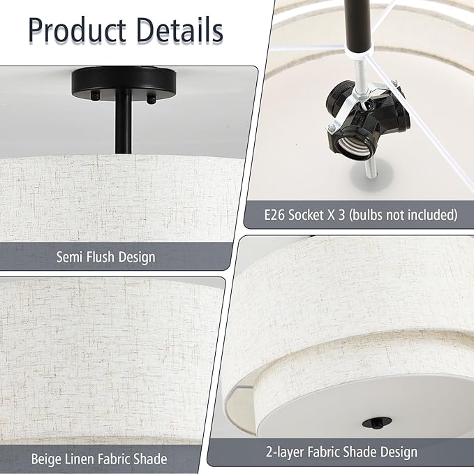 16" Semi Flush Mount Ceiling Light Fixture, 3-Light Gold Flush Mount Ceiling Light with Double Drum Linen Shades for Entryway Dining Room Bedroom Kitchen Hallway Living Room, E26 Socket