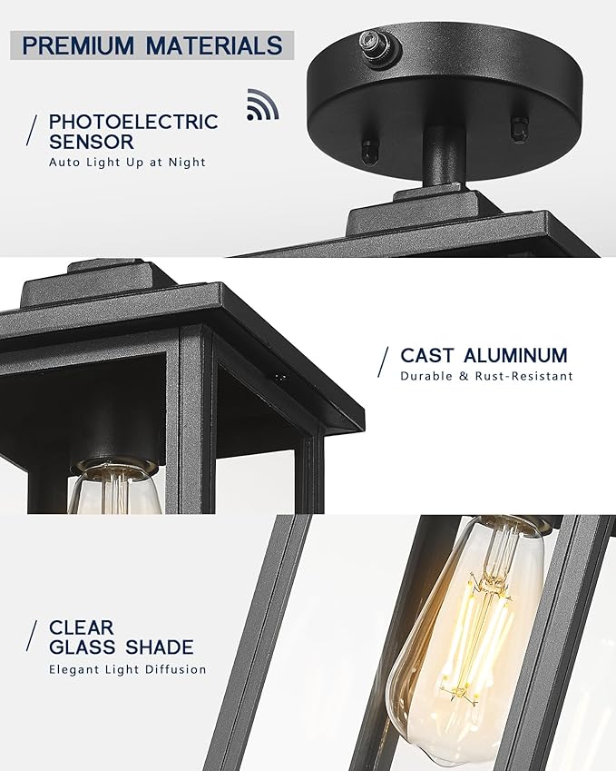 FEMILA Dusk to Dawn Porch Ceiling Lights Outdoor, 13" Matte Black Semi-Flush Mount Ceiling Lights, E26, for Entryway, Hallway, Garage, Kitchen, ETL Listed, 4FYX88F SE BK