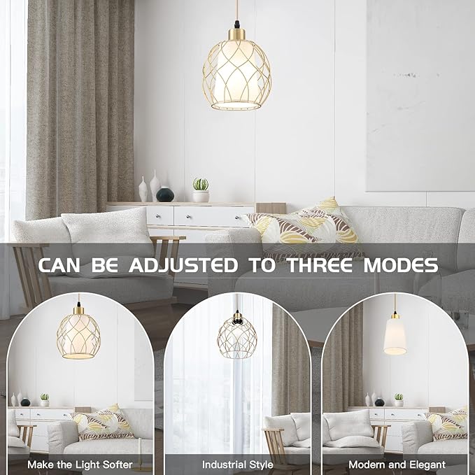 Cinkeda Plug-in Pendant Light, Hanging Lamp with Linen Shade, 15ft Golden Cotton Cord, Plug-in Light Fixture for Bedroom (Bulb Included)