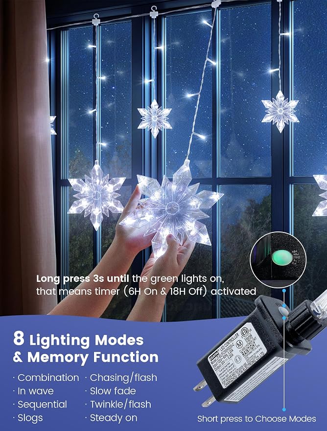 Christmas Snowflake Icicle Lights,8.2 FT 144 LED Snowflake Lights Outdoor with Timer,8 Modes Waterproof Connectable Christmas Light Plug in for Curtain Eave Window Indoor Outdoor Decor(White)