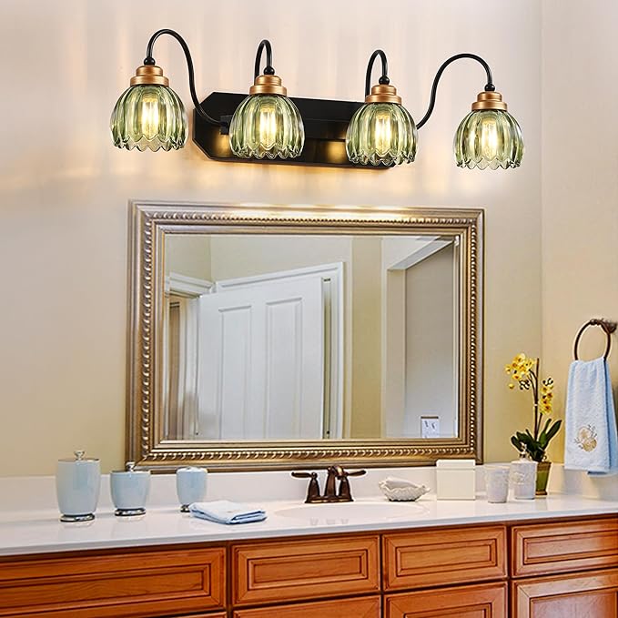 Vintage Bathroom Vanity Light, 4 Light Bathroom Lighting Fixtures Over Mirror, Mid Century Style Farmhouse Light Fixtures with Green Glass Shades, Black Finish Wall Mount for Bedroom , Living Room