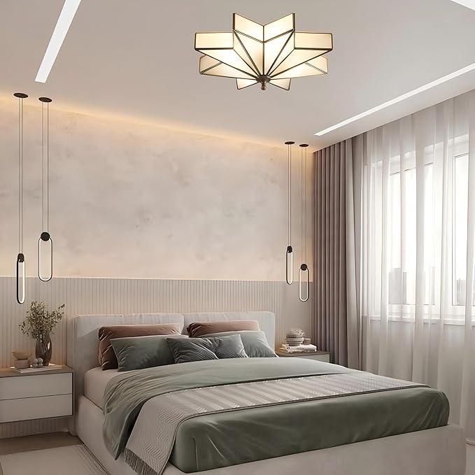 LIGHTLAND 19.7 Inch Flush Mount Star Ceiling Light, 4 Lights Brass Ceiling Lamp with Glass Lampshade, Art Deco Close to Ceiling Light Fixtures for Bedroom Living Room Entryway Hallway, Bronze Color
