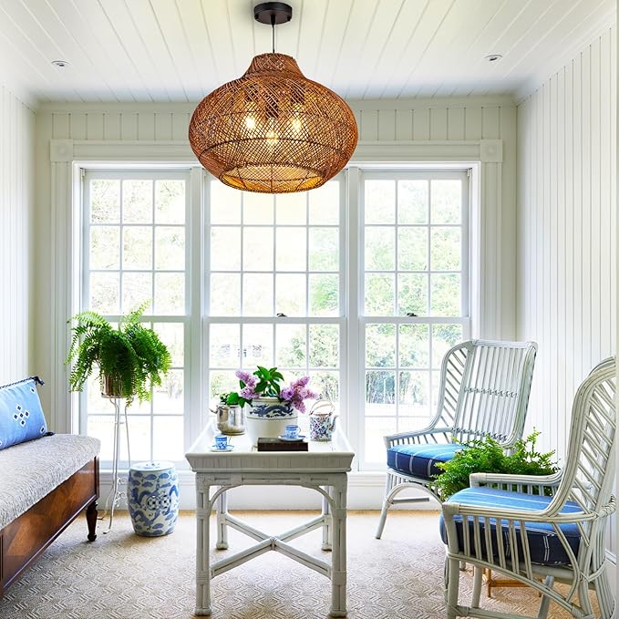 19inch Large Rattan Chandelier, Boho Rattan Chandelier Light 3-Light Wicker Rustic Hanging Light Fixture for Dining Room Kitchen Island Living Room Foyer Restaurant