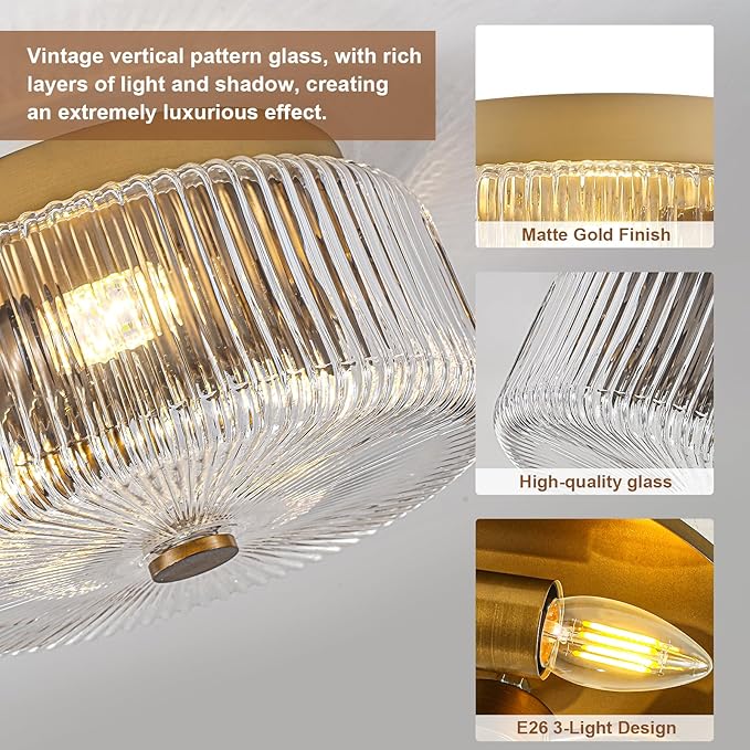 11.8 Inch Gold Flush Mount Ceiling Light, Mid-Century Modern Luxury 3-Light Close to Ceiling Light Fixture with Clear Striped Glass Shade, Elegant Lighting for Bedroom Hallway Kitchen Entryway Foyer