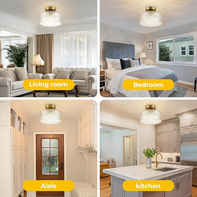 Semi Flush Mount Ceiling Light Gold, Upgraded Larger Vintage Glass Pendant Lamp Shade, Modern Farmhouse Light Fixture for Hallway Corridor Kitchen Entryway Bedroom, Bulb Not Included