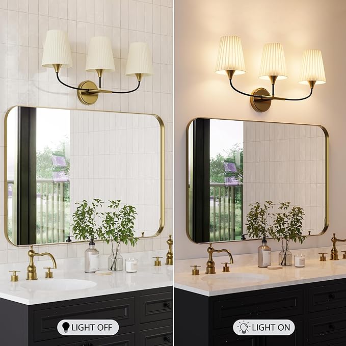 Bathroom Light Fixtures Over Mirror, 3 Light Vanity Light for Bathroom, Black Gold Vanity Light Fixtures with Flared Ivory White Fabric Shade, E26 Socket Modern Sconce Wall Decor(ETL Listed)