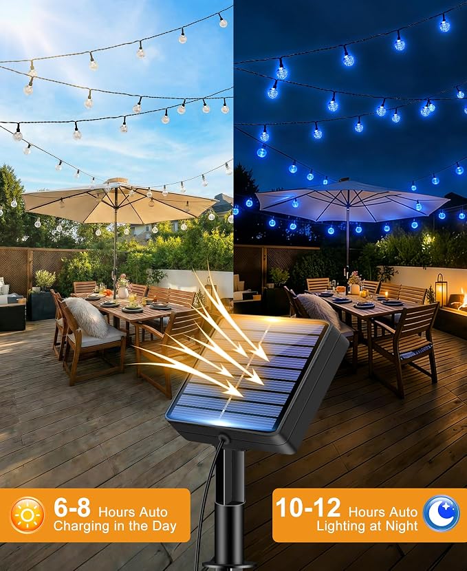 btfarm 2 Pack Solar String Lights Outdoor Waterproof, Total 98 FT 100 LED Solar Powered Patio Light, 8 Lighting Modes Crystal Globe Decoration for Garden Balcony Porch Yard Party, Blue