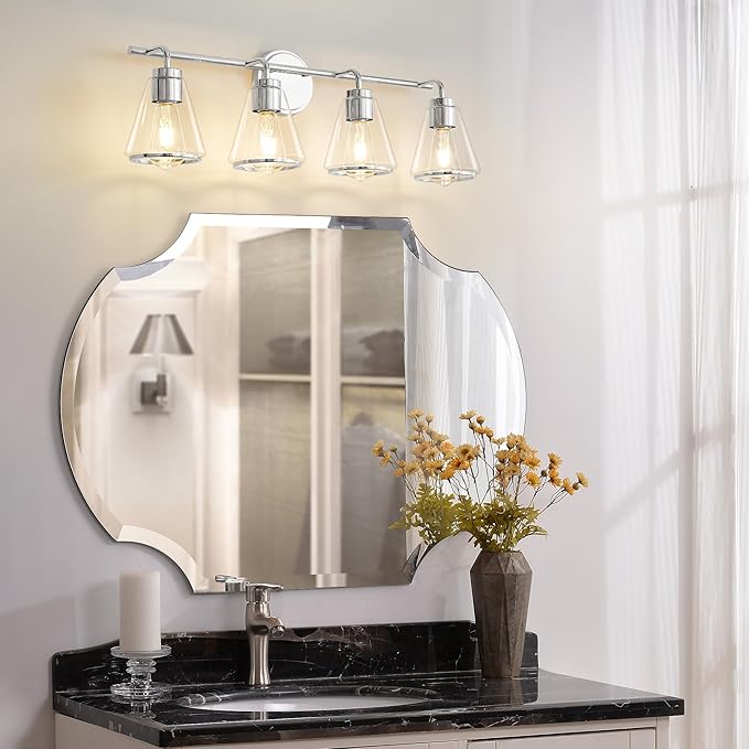 Polished Nickel Bathroom Light Fixtures 4 Light Bathroom Vanity Lights Over Mirror with Clear Glass Shade, 30 Inch Vanity Lights for Bath-Room Modern Wall Sconce Lighting (Exclude E26 Bulb)