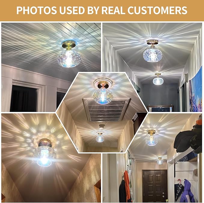 Vintage Glass Flush Mount Ceiling Light - 2 Pack，7.9 Inch Rainbow Hammered Glass Hallway Light fixtures Ceiling, Gold Semi Flush Mount Ceiling Light for entryway Foyer Laundry Room Kitchen