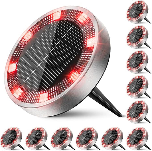 Peasur Solar Ground Lights Outdoor, 12 Pack Flat Solar Powered Disc Lights, IP68 Waterproof, Anti-Rust, Landscape Lighting for Pathway Garden Yard Lawn Walkway Landscape Driveway, Red