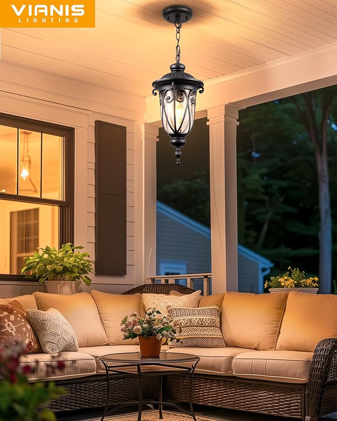 VIANIS Large Outdoor Pendant Lights, Black Hanging Porch Light Fixture, Waterproof Outdoor Hanging Light for House, Doorway, Entryway, 100% Aluminum, Anti-Rust, Vintage Style