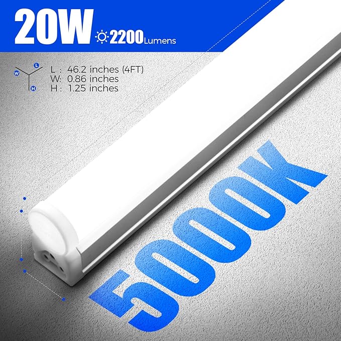 Barrina T5 LED Shop Light 4FT, 2200LM, 20W, 5000K (Daylight White), Utility Garage Lighting, Linkable Ceiling and Under Cabinet Light, Corded Electric with Built-in ON/Off Switch, 2 Packs