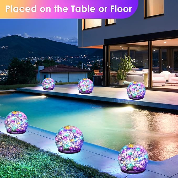 2 Pack 60 LED Garden Solar Lights Outdoor Decorative, Colored Cracked Glass Solar Globe Lights, Upgraded Waterproof Multicolor Ball Lights for Yard Pathway Patio Lawn Outside Decor