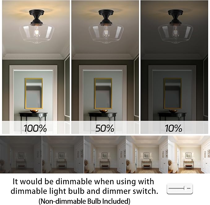 Black Schoolhouse Light Fixture 12" Mid Century Light Fixture Schoolhouse Light Fixtures Ceiling Clear Glass Semi Flush Mount Ceiling Lights for Bedroom Bathroom Kitchen(Bulb Incl.)