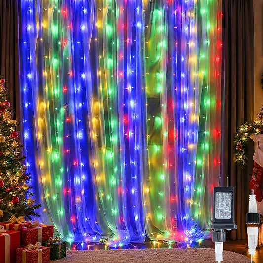 Fairy Curtain Lights,304 LED 9.8ftX9.8ft 30V 8Modes safety Window Lights with Memory for Home Wedding Christmas Party Family Patio Lawn Garden Bedroom Outdoor Indoor Wall Decorations(Multi Color)