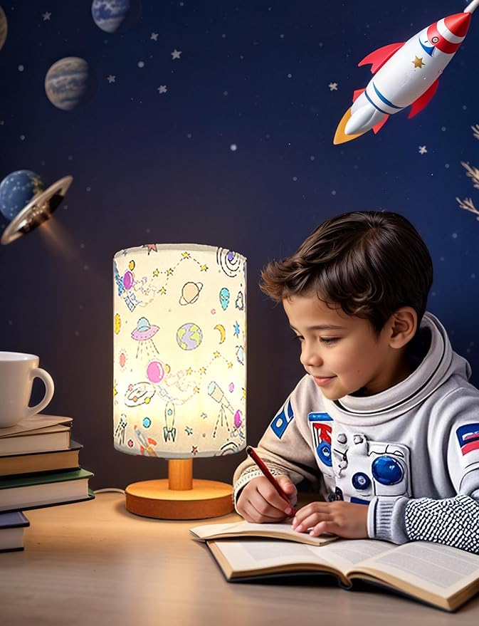 Astronaut Kids Table Lamp, Astronauts Room Decor for Boys,3 Level Dimmable Wood Nightstand Desk Base Flaxen Fabric Shade for Bedroom Living Room,Astronauts Gifts for Boys