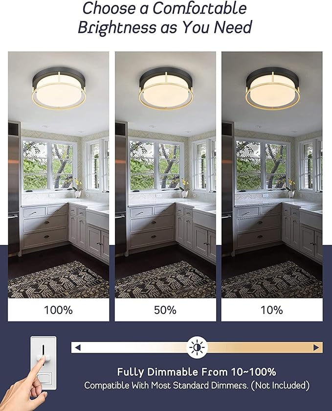 LED Modern Ceiling Light Fixture, 12 Inch 24W 1100Lumens Flush Mount Ceiling Lamp, Dimmable 3000K Matte Black Finish Gold Metal Frame with Frosted Glass Cover Close to Ceiling Light