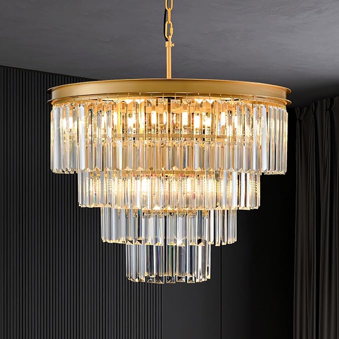 Gold Crystal Chandelier 22.9" 10-Lights Modern Crystal Pendant Lights 4-Tier Luxury K9 Hanging Dining Room Lighting Fixture for Living Room Bedroom Kitchen Island Entryway Stairway Office