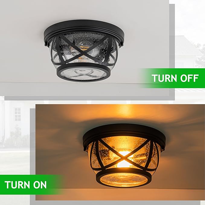 Flush Mount Ceiling Light Fixture Black, 2-Light Modern Farmhouse Porch Light Ceiling Mount for Outdoor, Indoor Flush Mount Lights Fixture for Hallway Foyer Kitchen Bathroom with Seeded Glass