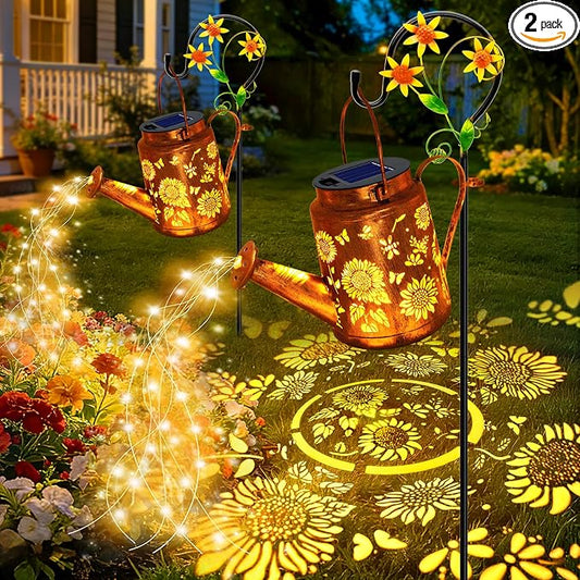 ANGMLN 2 Pack Solar Lights Outdoor Waterproof, Sunflower Solar Watering Can Lights with Shepherd Hook, Birthday Gifts for Mom Grandma Women, Metal Hanging Lantern Garden Decor Yard Outside Patio