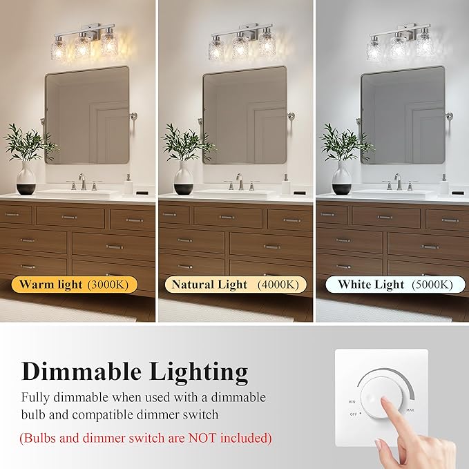 Mecgirn Stainless Steel Bathroom Vanity Light Over Mirror, 3 Light Brushed Nickel Bathroom Light Fixtures with Textured Glass Shades, Ceramic E26 Sockets Wall Mounted