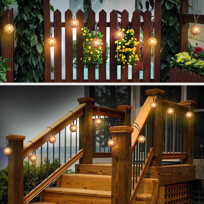LIDORE Rattan Christmas String Lights, 10 Counts Mini Natural Globe Rattan Ball, Wicker Lights for Patio, Wedding, Garden, Party, Home Decor, Indoor Outdoor use, 7.92Ft (Rattan + Brown Cord)