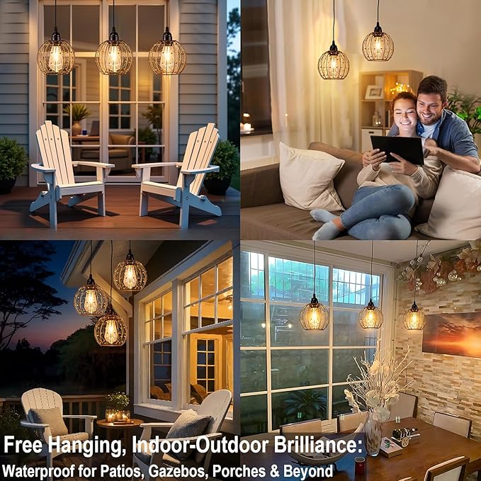 TWINKVILLA Hanging Pendant Lights, Battery Operated Outdoor Chandelier with Warm White LED Bulb for Patio Tree Pergola Gazebo Porch (Beaded Ball-ST58-3PK)