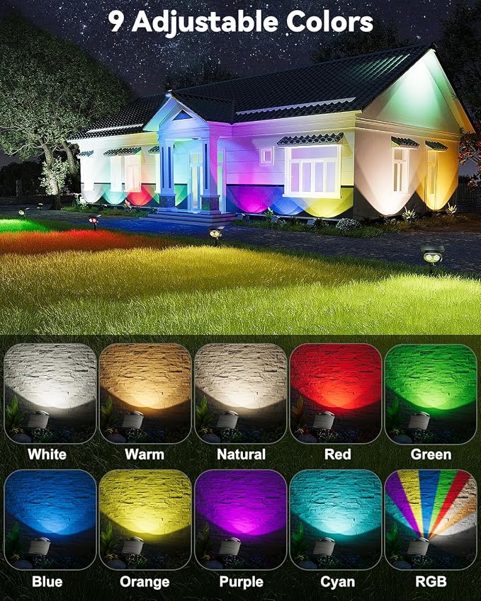 Solar Spot Lights Outdoor Waterproof IP68, RGB Colors Changing Solar Lights with 4 Lighting Modes, Solar Powered Lights Outdoor for Garden Yard Pathway Landscape (4Pack)