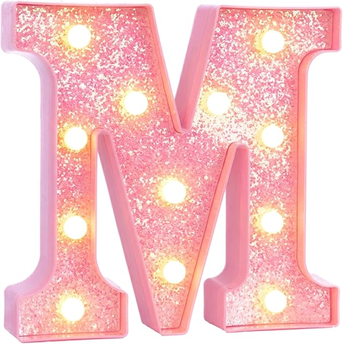 Pink Marquee Light Up Letters, Glitter Alphabet LED Letter Lights for Pink Birthday Party Decorations, Battery Operated Letter Sign for Girls Room Vanity Table Decor, Warm White Lights Letter M