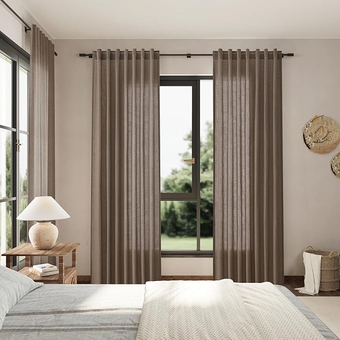 Light Brown Linen Curtains 63 Inches Long for Bedroom Back Tab Light Filtering Privacy Sheer Curtains Modern Farmhouse Coastal Decor Light Brown Cotton Textured Gauze Curtain for Bathroom 2 Panel Set