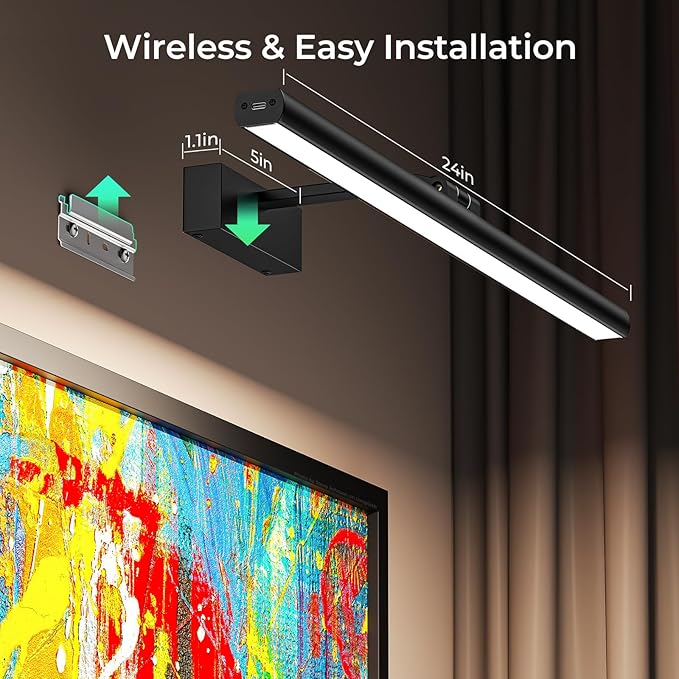 Wireless Picture Lights for Wall, 24in Battery Operated Wall Light for Painting Rechargeable CCT Rotatable Art Gallery Light with Remote Dimmable Timer for Artwork Frame Display Dartboard
