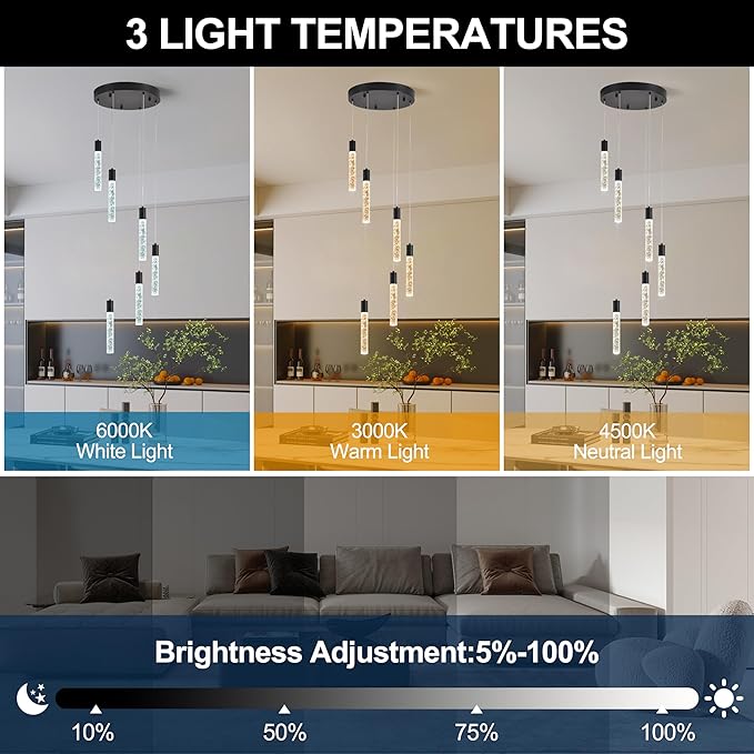 6-Light Matte Black Integrated Crystal Pendant Chandelier,Dimmable LED Ceiling Light with Adjustable Height for Kitchen Island, Dining Room & Bedroom 3000K -6000K