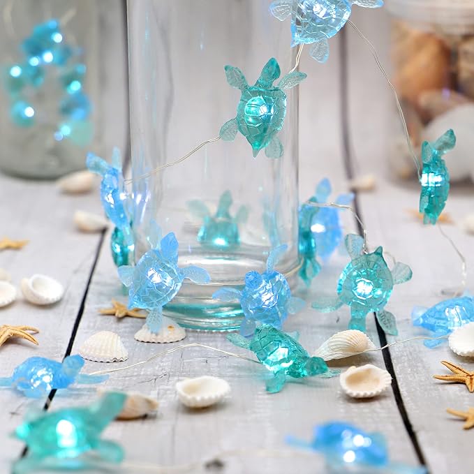 MIYA LIFE Blue Sea Turtle String Lights Battery Powered Summer Beach Decor with Remote Acrylic Sea Turtle Decor for Bathroom Shower Curtain