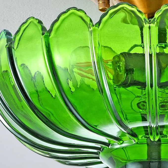 Green Glass Ceiling Light Fixture - Handcrafted Art Glass Semi Flush Mount Chandelier, 3 E26 Bases with Natural Green Shade Lighting, Modern Farmhouse Decor for Kitchen Dining Hallway