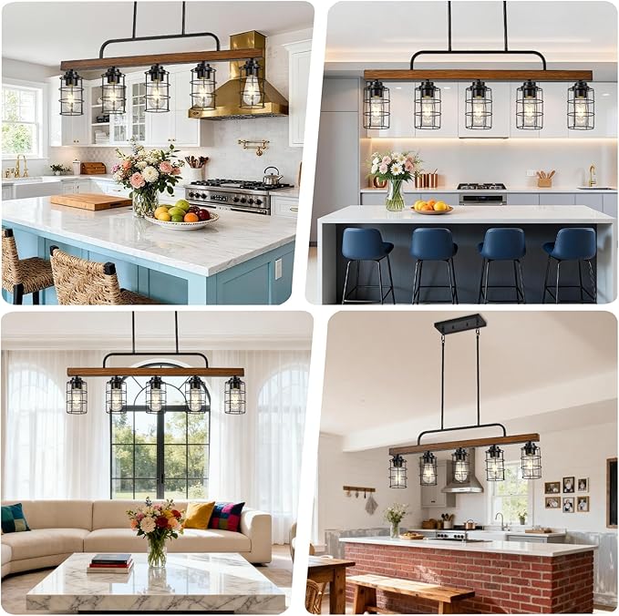 5-Light Farmhouse Walnut Chandelier for Dining Room, Black Kitchen Island Light with Rust-Proof Metal Frame & E26 Base, 49" Height Adjustable Pendant Light Fixture Over Table & Bar
