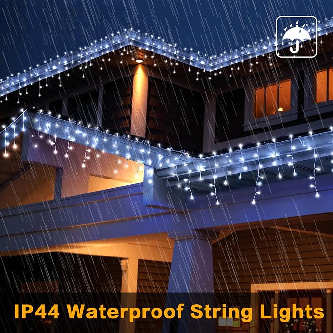 Techip Christmas Lights Outdoor, 33ft 400 LED Icicle Lights for Outside, Plug in Curtain String Lights with 8 Modes Waterproof for Patio Party Holiday Decorations Cool White