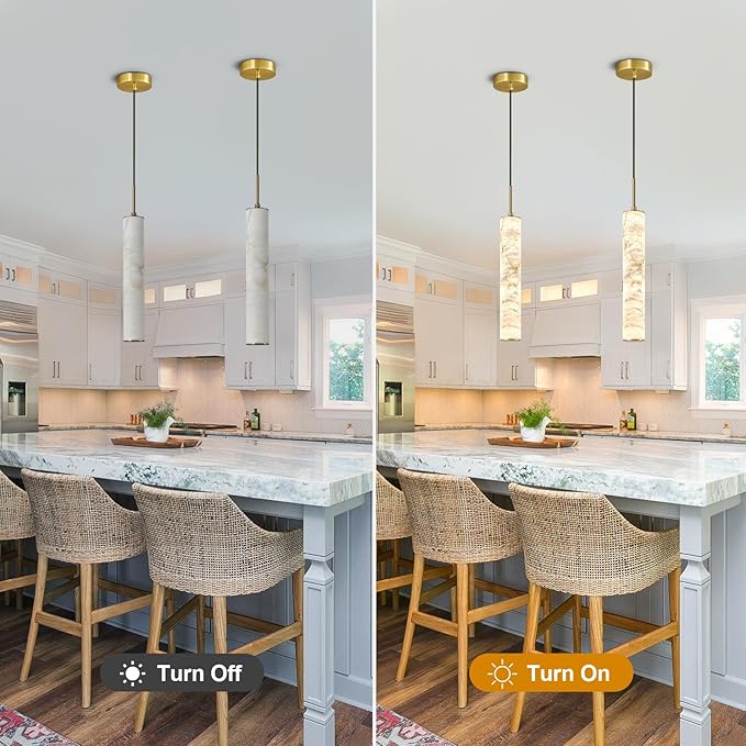 LMQNINE Natural Alabaster Pendant Lights for Kitchen Island White Marble Long Tube Chandelier 4000K Modern Gold Ceiling Light Fixtures for Bedroom Dining Room Table Living Room Hallway(M-3Pack)