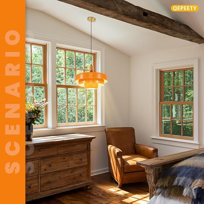 Orange Pendant Light with Wooden Dome, 3-Layer Metal Shade Mid Century Chandelier, Minimalist Industrial Hanging Light for Dining Room, Farmhouse Sink, Office