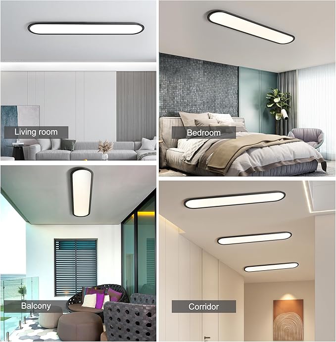 Ganeed 55.1" High Brightness Linear LED Ceiling Lamp, 60W Dimmable Low Profile Flush Mount LED Flat Panel Long Ceiling Light Fixture for Kitchen Office Laundry Shop, Black