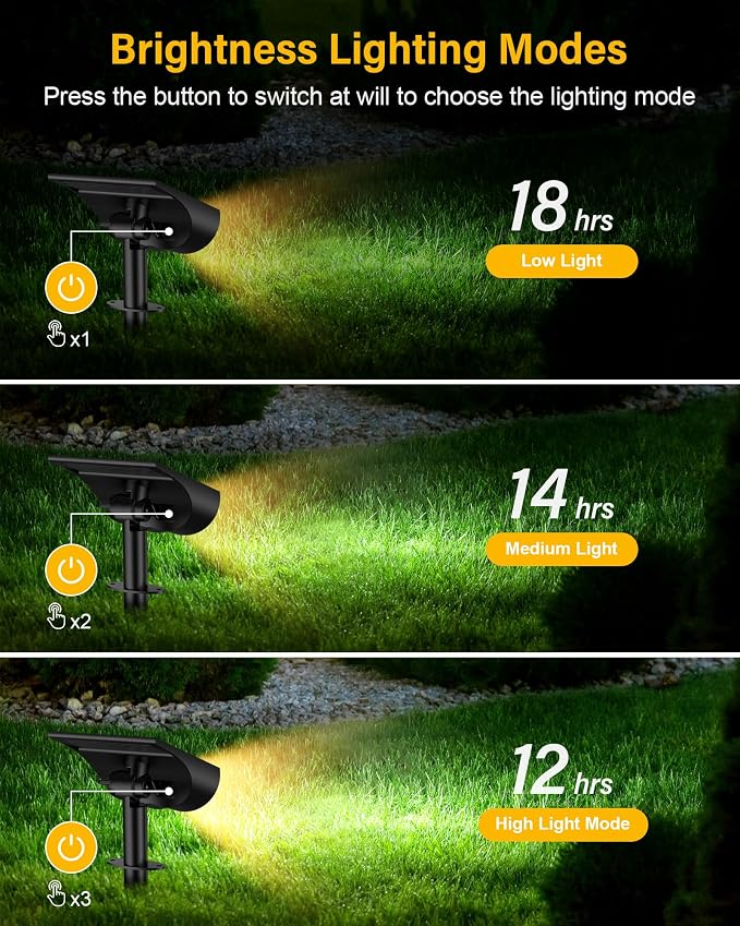 Solar Spotlights Outdoor Waterproof, 3 Lighting Modes Spot Lights, Dusk to Dawn Solar Powered Outdoor Lights for Yard Pathway Driveway Landscape, Warm White, 2 Pack