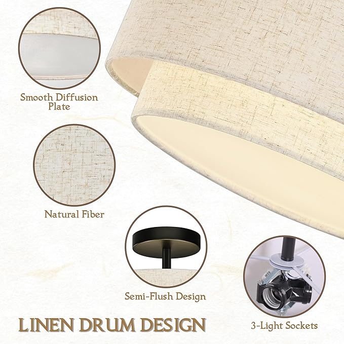 15.7 Inch Flush Mount Ceiling Light Black Close to Lights Fixture with 2-Layer Fabric Shade 3-Light Drum Modern Lights for Dining Room Bedroom Hallway