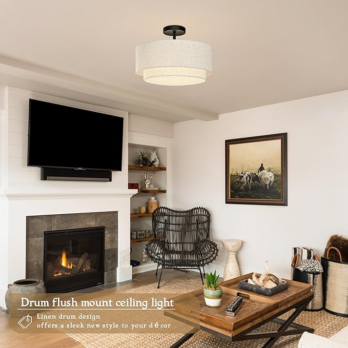 15.7 Inch Flush Mount Ceiling Light Black Close to Lights Fixture with 2-Layer Fabric Shade 3-Light Drum Modern Lights for Dining Room Bedroom Hallway