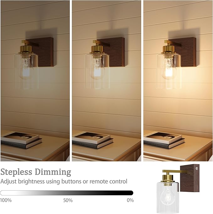 Rechargeable Wall Sconce, Gold & Walnut Battery Operated Wall Sconce Set of 2 with Timer Function, Easy Install Dimmable Wireless Wall Lamps for Living Room, Bedroom, Hallway, Entryway Decor 3000K