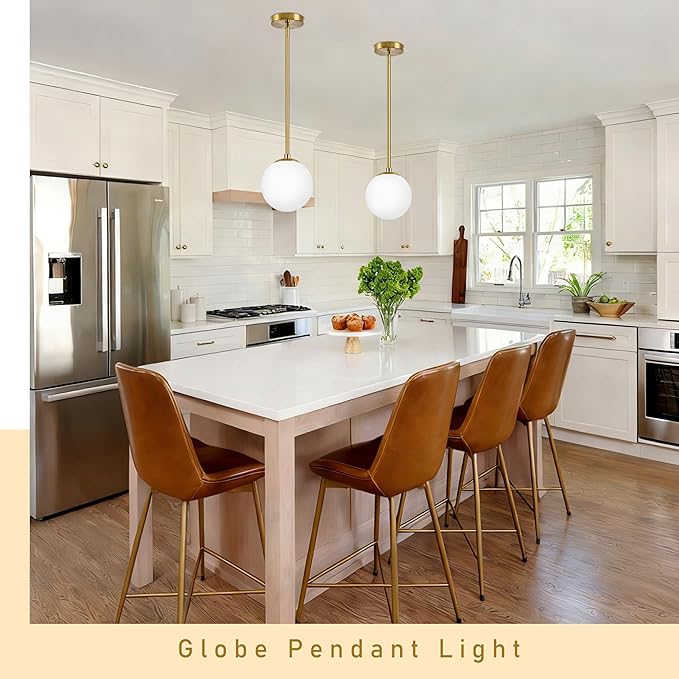 Bagood 6" Globe Pendant Light Gold 2 Pack Mid Century Pendant Light Globe Pendant Lights Kitchen Island Brushed Brass Finished with Milk Glass Adjustable Ceiling Light Fixtures for Dining Room Bar