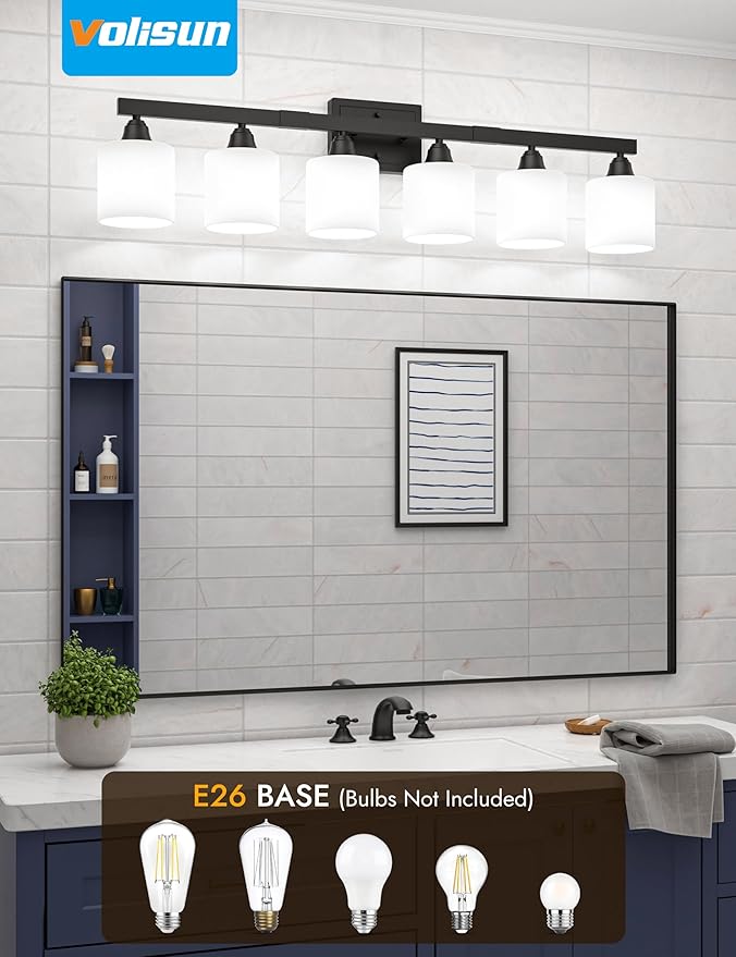 VOLISUN Matte Black Bathroom Light Fixtures, 6-Light Bathroom Vanity Lights Over Mirror, Modern Vanity Light for Bathrooms, Bathrooms Lights Fixtures Over Mirror with Milky White Frosted Glass Shades