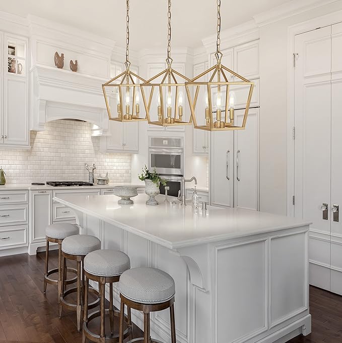 JONATHAN Y 10" Brass Gold 3-Light Pagoda LED Pendant Lantern, Classic Modern Farmhouse Chandelier for Kitchen Island, Dining Room, Entry, Foyer, Rustic Iron Frame (JYL7601B)