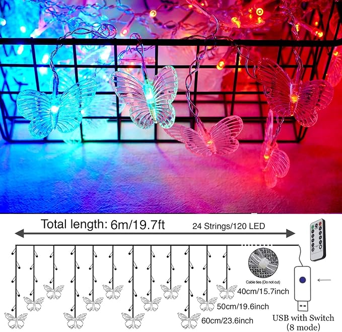 8 Modes 120 LED 19.7FT Firefly Twinkle Timer String Lights with Remote,Butterfly Curtain Fairy Lights USB Plug in, Waterproof Copper Wire for Bedroom Patio Christmas Wedding Party Dorm(Multicolor)